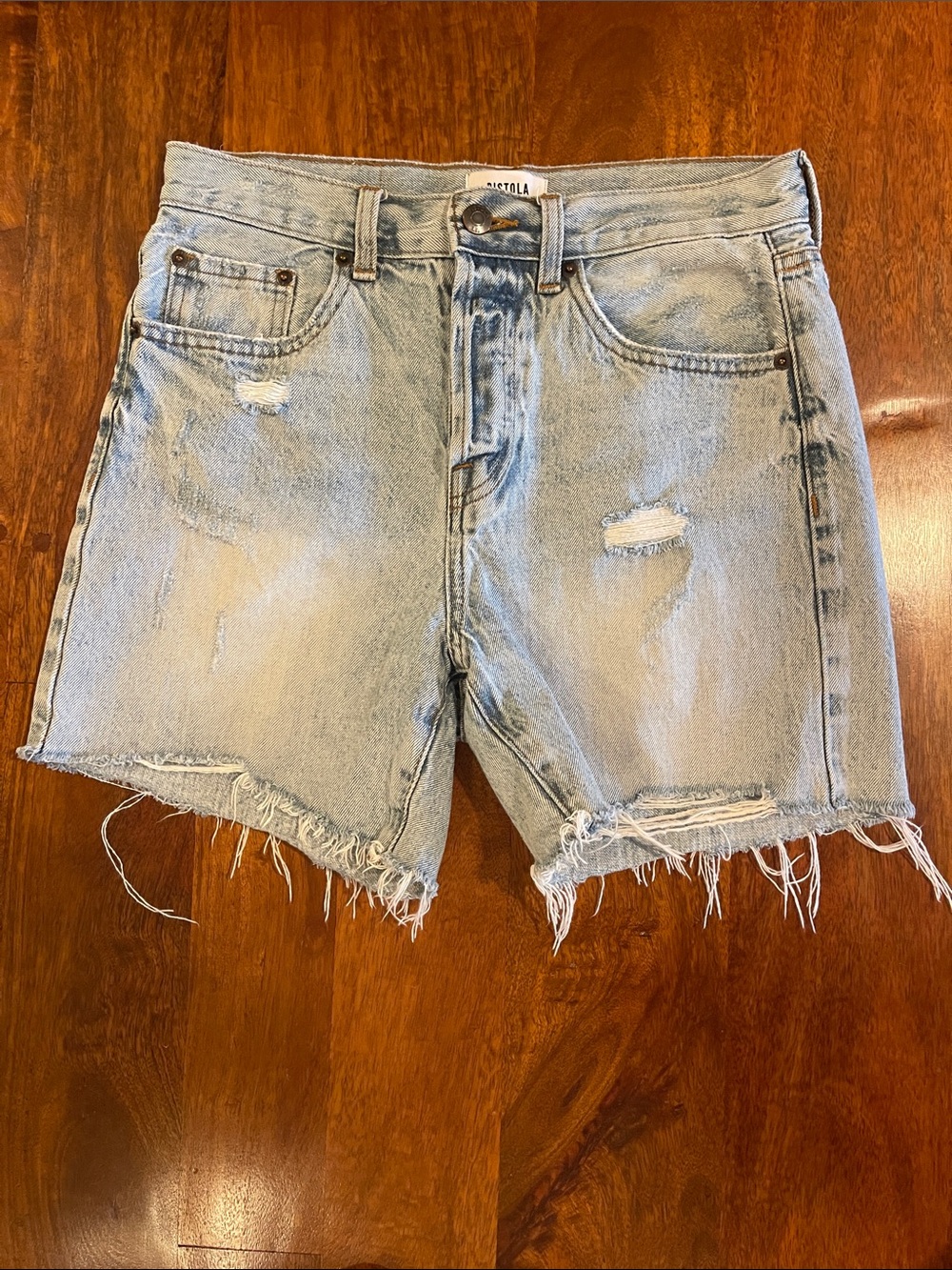 Pistola Distressed Button Fly Denim Shorts, size 27